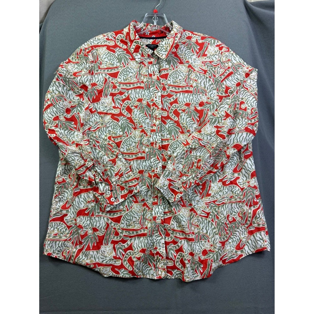 Talbots Petite XL Red Tiger Palm Print Cotton Button Shirt Blouse Long Sleeve